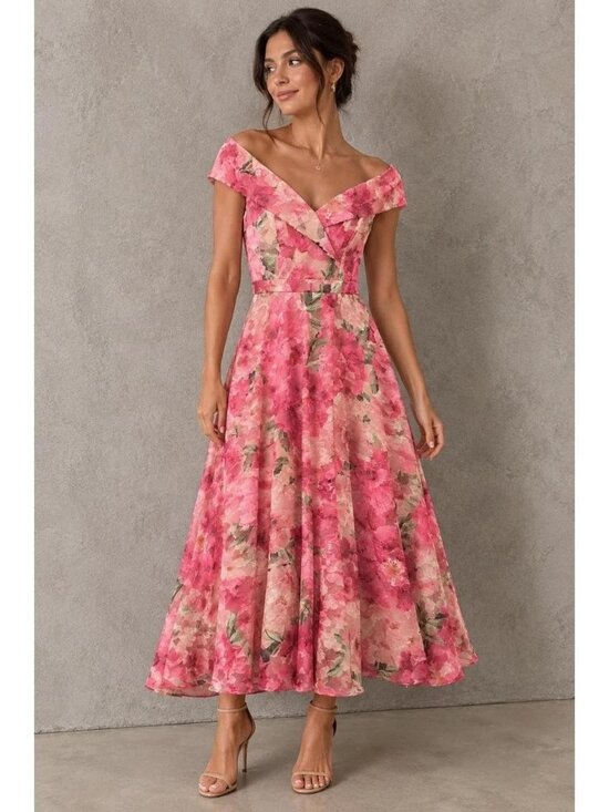 Xscape Dresses & Skirts - Xscape Pink Multi Floral Embroidered Off Shoulder Gown
